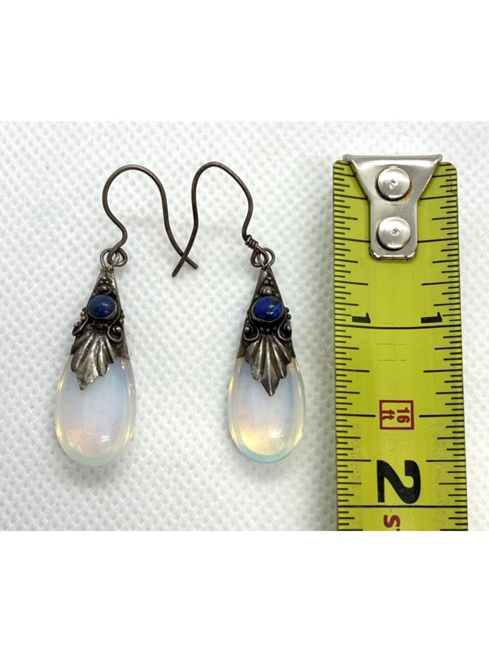 Moonstone and Lapis Sterling Silver Earrings Elegant Teardrop, 1" drop